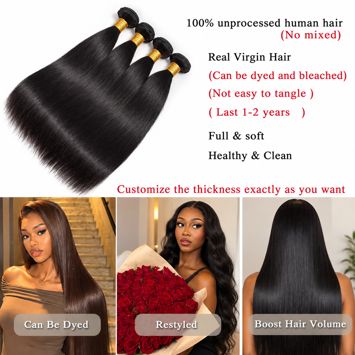 Brazilian Virgin Straight Human Hair Bundles - 100% Luxury Unprocessed Human Hair