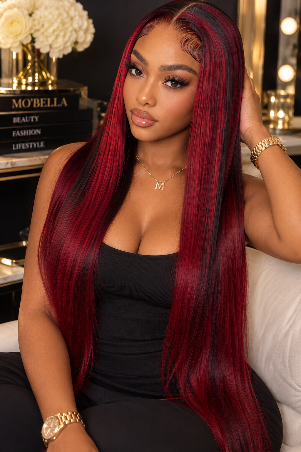Luxury Burgundy Ombre Highlight 13x4 Straight Brazilian HD Lace Front Wig - Bone Straight Human Hair