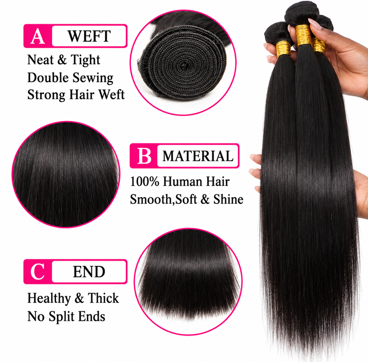 Brazilian Virgin Straight Human Hair Bundles - 100% Luxury Unprocessed Human Hair