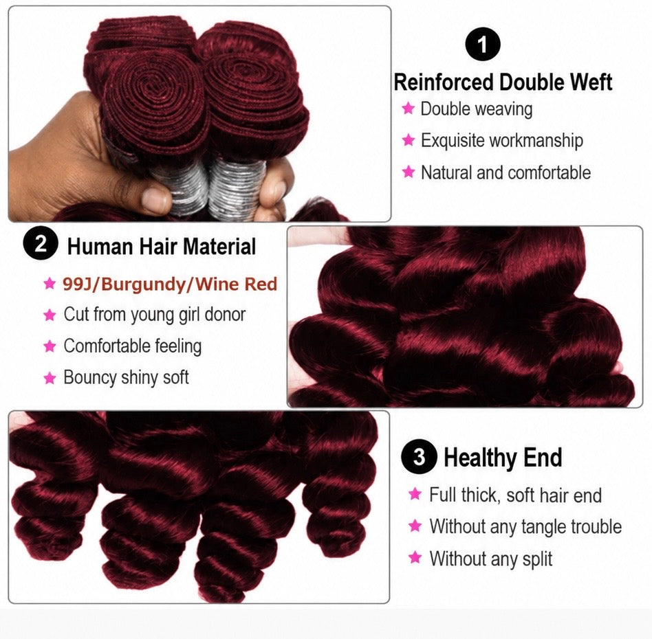 Luxury 99j Burgundy Indian Loose Wave Human Hair Bundles