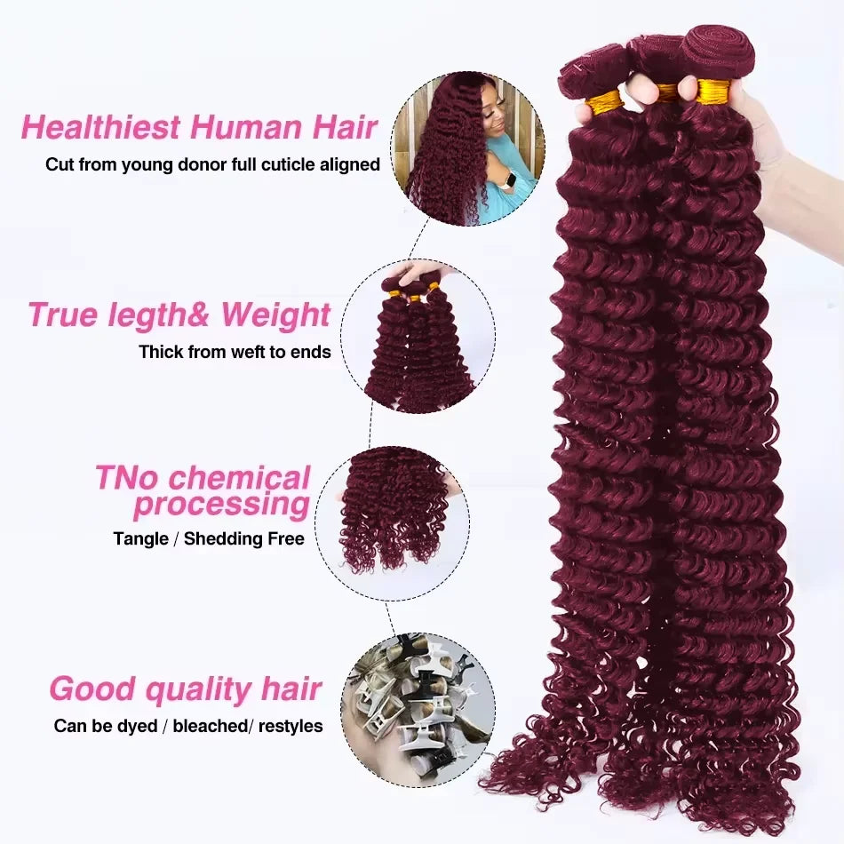 Luxury 99J Burgundy Deep Wave Brazilian Human Hair Bundles