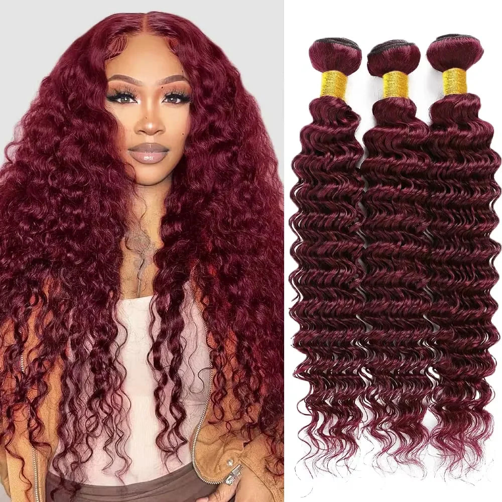Luxury 99J Burgundy Deep Wave Brazilian Human Hair Bundles