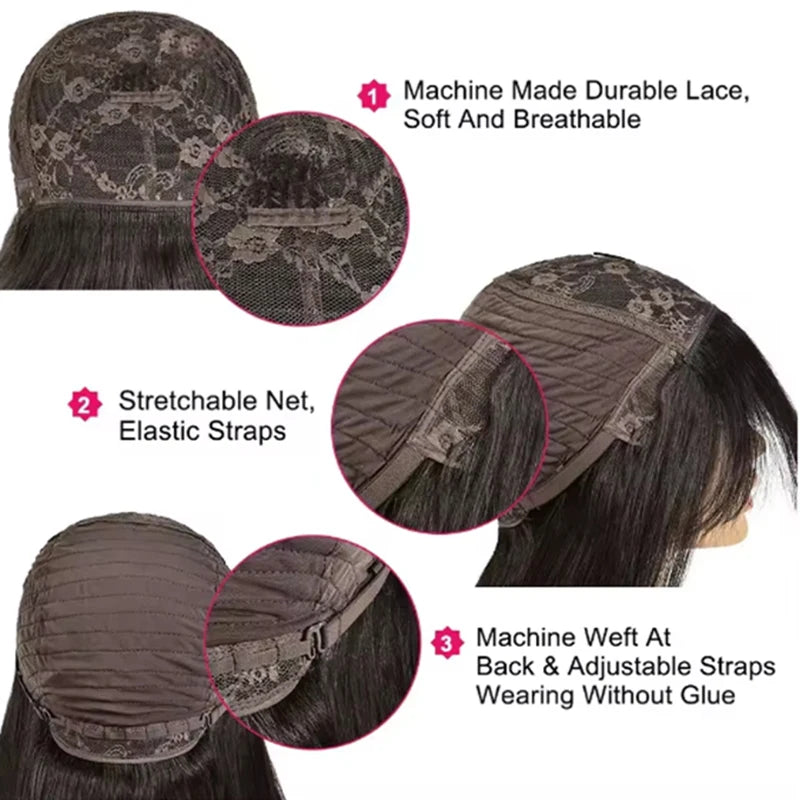 Brazilian Water Wave Human Hair Wigs With Bangs | Natural Black | 230%-250%   250 Density