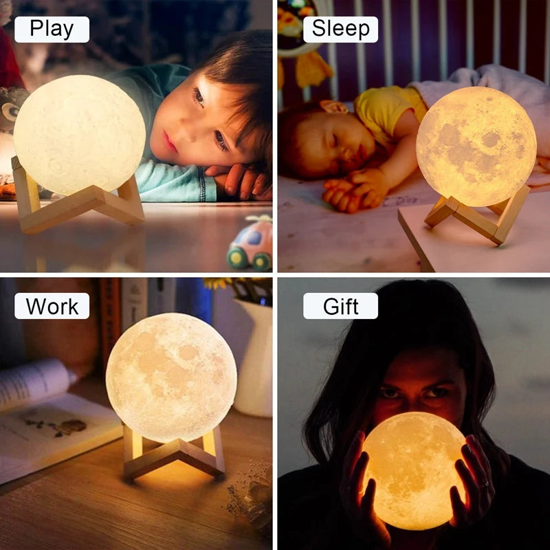 Glowing Moon LED Night Light With Wooden Display Stand