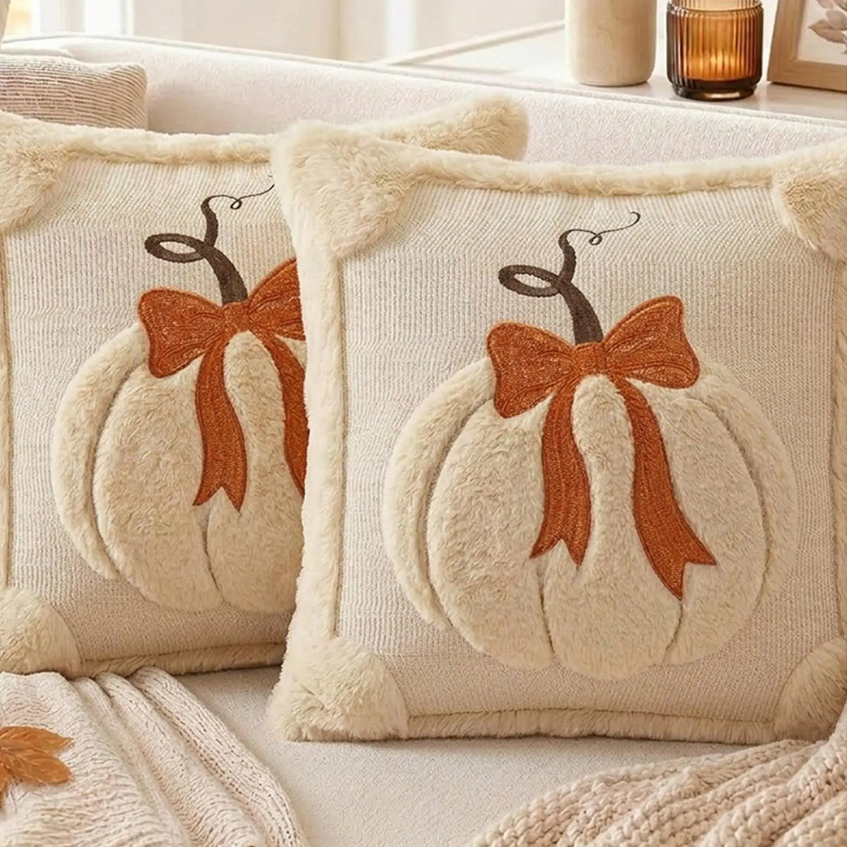 Luxury Harvest Bow & Pumkin Plush Throw Pillow Cover - 18" x 18"