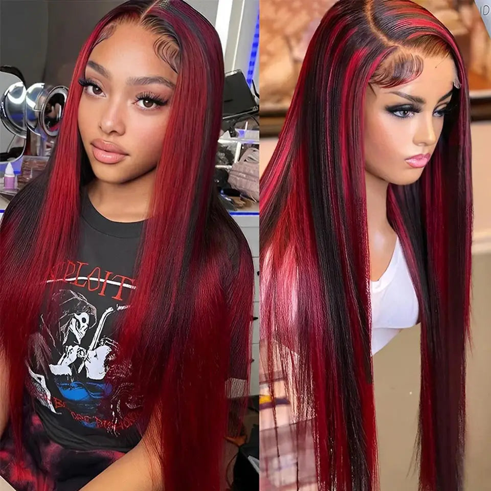 Luxury Burgundy Ombre Highlight 13x4 Straight Brazilian HD Lace Front Wig - Bone Straight Human Hair