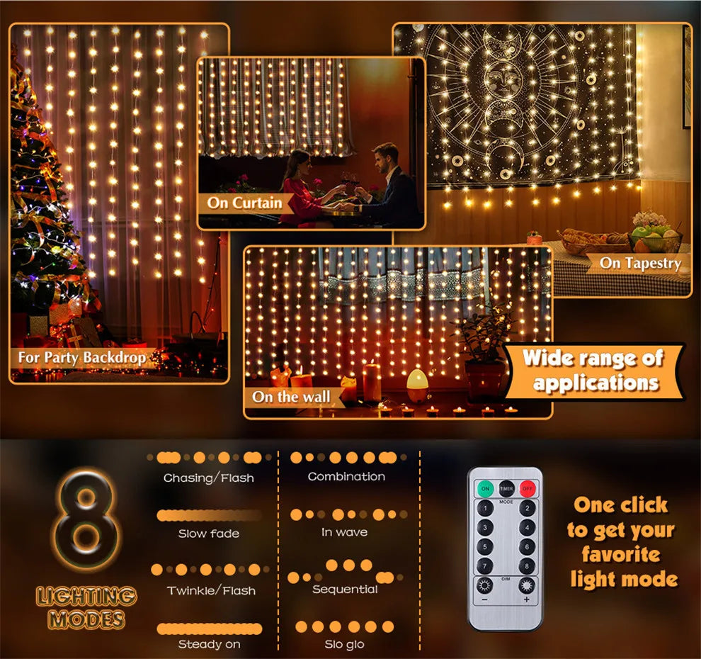 Luxury 8 -Mode LED Fairy Curtain Lights With Remote - USB Powered