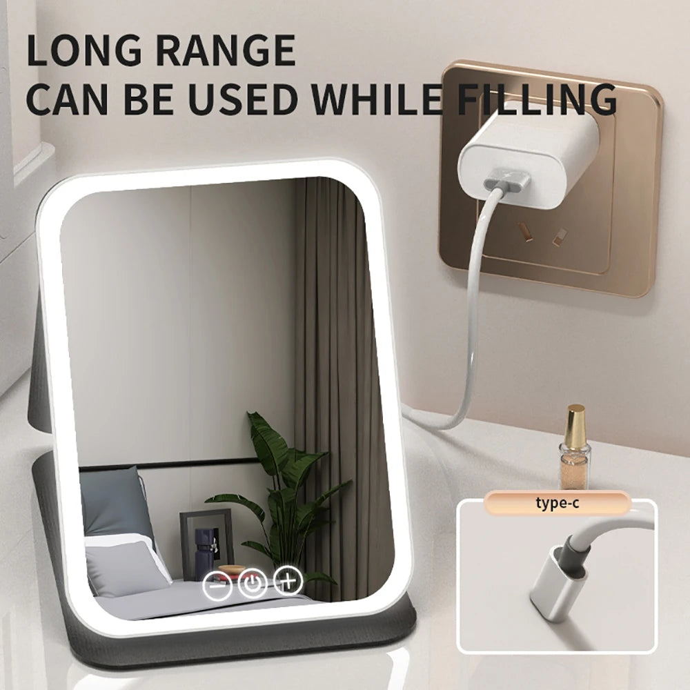 3 Colors Dimmable LED Folding Mirror - Rechargeable Touch Screen Travel Vanity Mirror