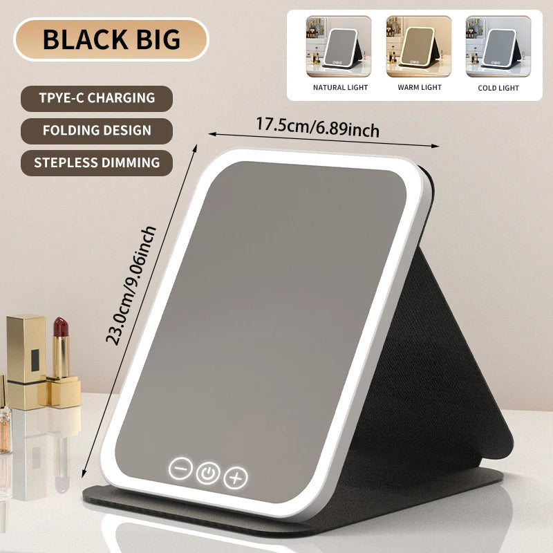 3 Colors Dimmable LED Folding Mirror - Rechargeable Touch Screen Travel Vanity Mirror