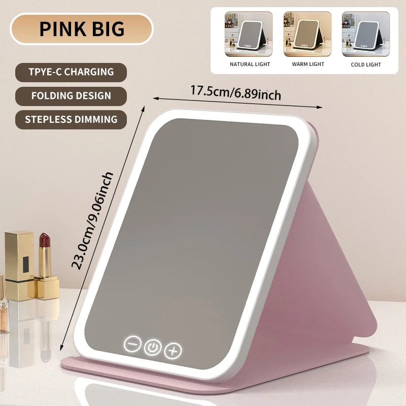 3 Colors Dimmable LED Folding Mirror - Rechargeable Touch Screen Travel Vanity Mirror