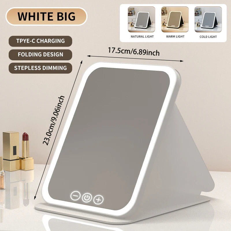 3 Colors Dimmable LED Folding Mirror - Rechargeable Touch Screen Travel Vanity Mirror