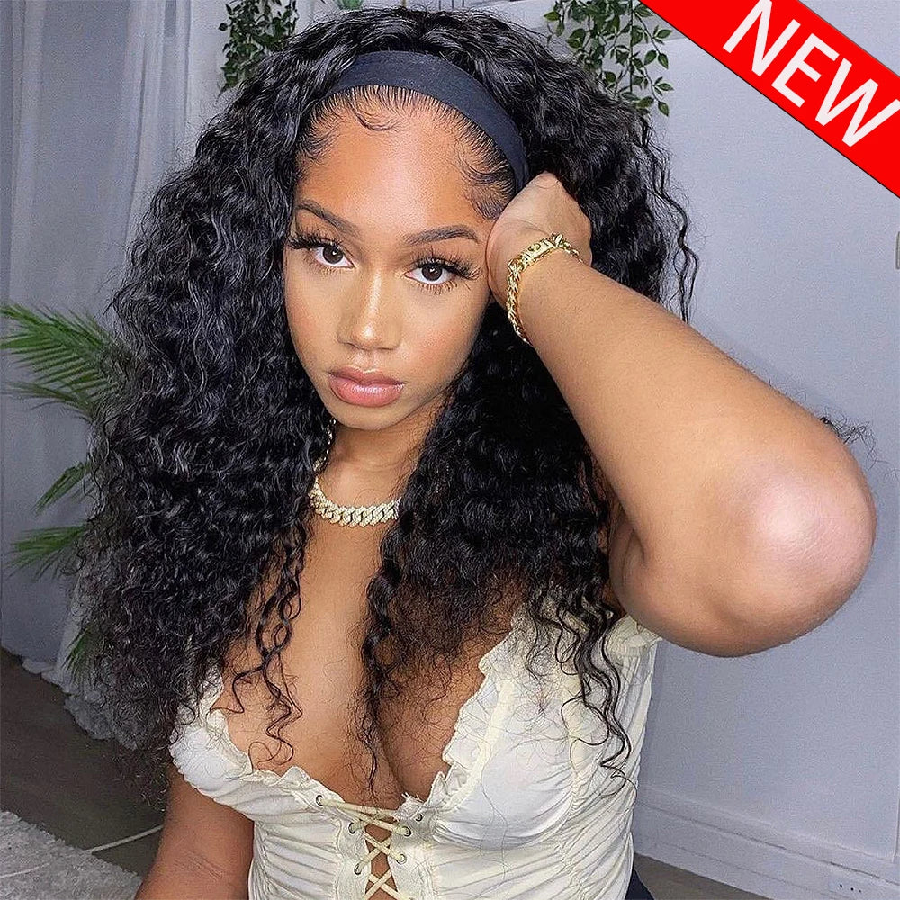 Luxury Curly Brazilian Human Hair Headband Wig- 200%-400% Density