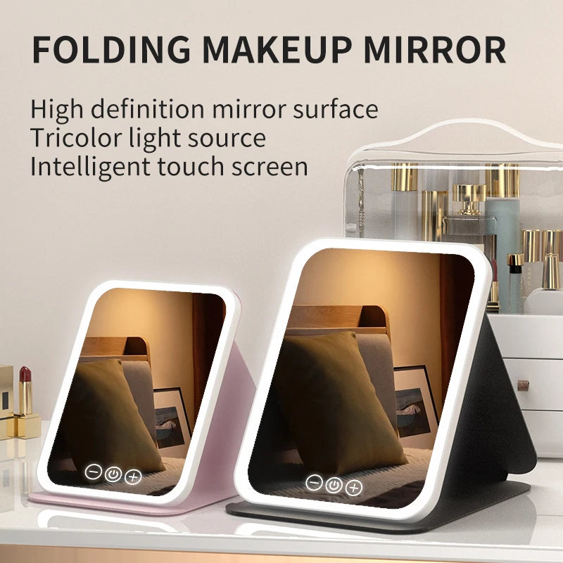 3 Colors Dimmable LED Folding Mirror - Rechargeable Touch Screen Travel Vanity Mirror