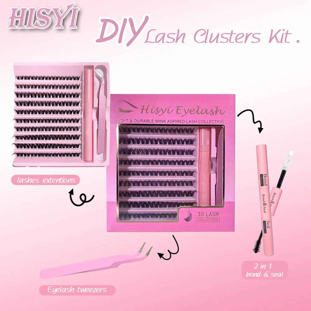 Flawless 3D 190PCS Cluster Lashes Kit with Lash Bond & Seal, Lash Tool with Glue Accessories and Eyelash Curler