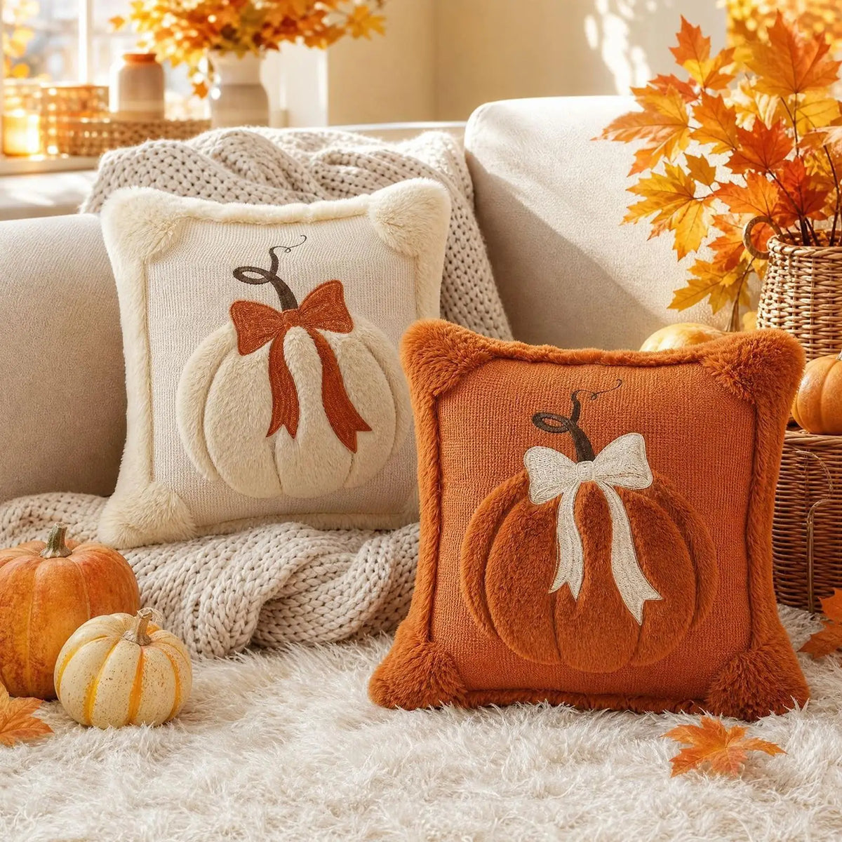 Luxury Harvest Bow & Pumkin Plush Throw Pillow Cover - 18" x 18"