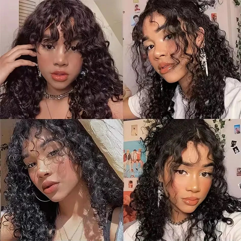 Brazilian Water Wave Human Hair Wigs With Bangs | Natural Black | 230%-250%   250 Density