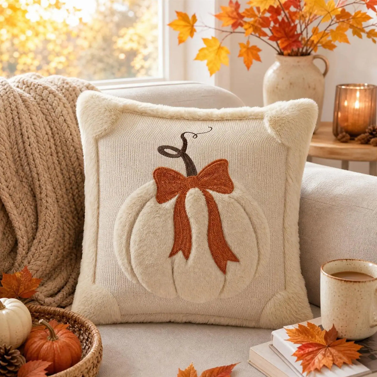 Luxury Harvest Bow & Pumkin Plush Throw Pillow Cover - 18" x 18"