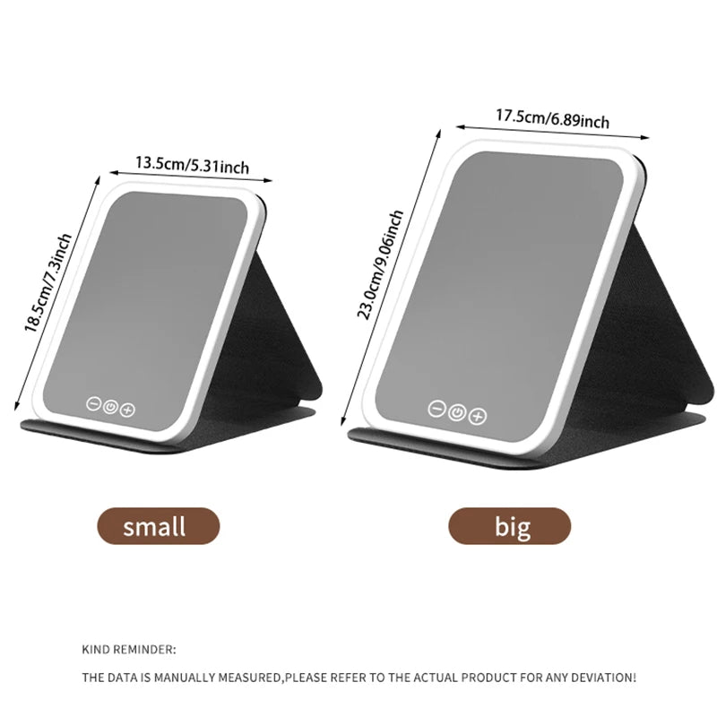 3 Colors Dimmable LED Folding Mirror - Rechargeable Touch Screen Travel Vanity Mirror