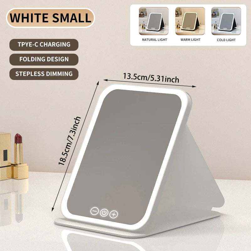 3 Colors Dimmable LED Folding Mirror - Rechargeable Touch Screen Travel Vanity Mirror