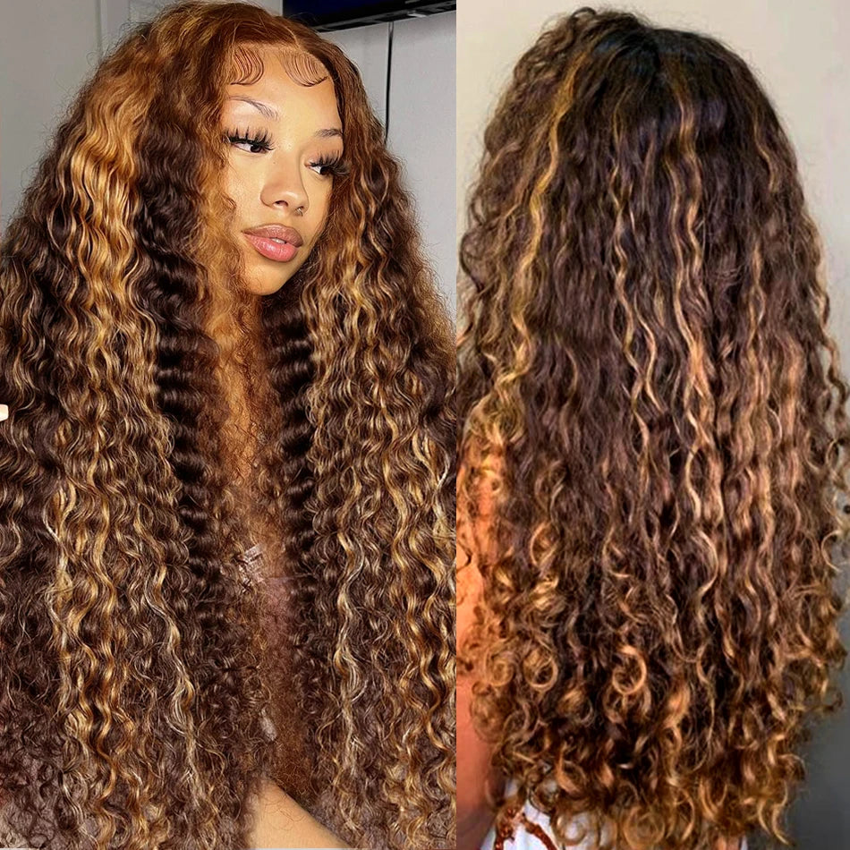 Honey Brown Ombre Brazilian Deep Wave Human Hair Lace Front Wig | 13x6 & 13x4 | 180%-250% Density
