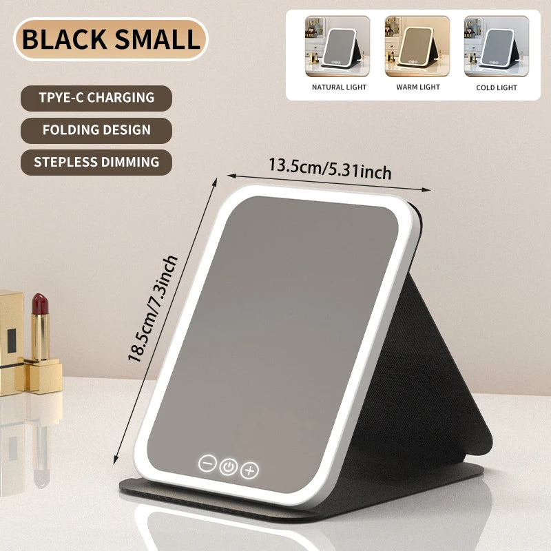 3 Colors Dimmable LED Folding Mirror - Rechargeable Touch Screen Travel Vanity Mirror
