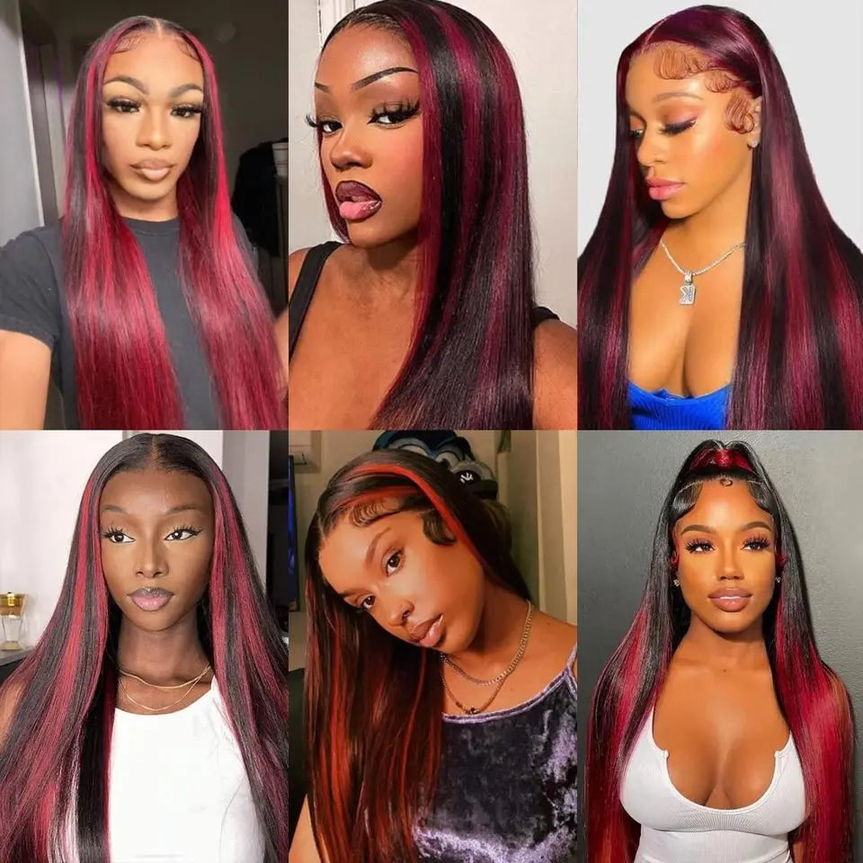 Luxury Burgundy Ombre Highlight 13x4 Straight Brazilian HD Lace Front Wig - Bone Straight Human Hair