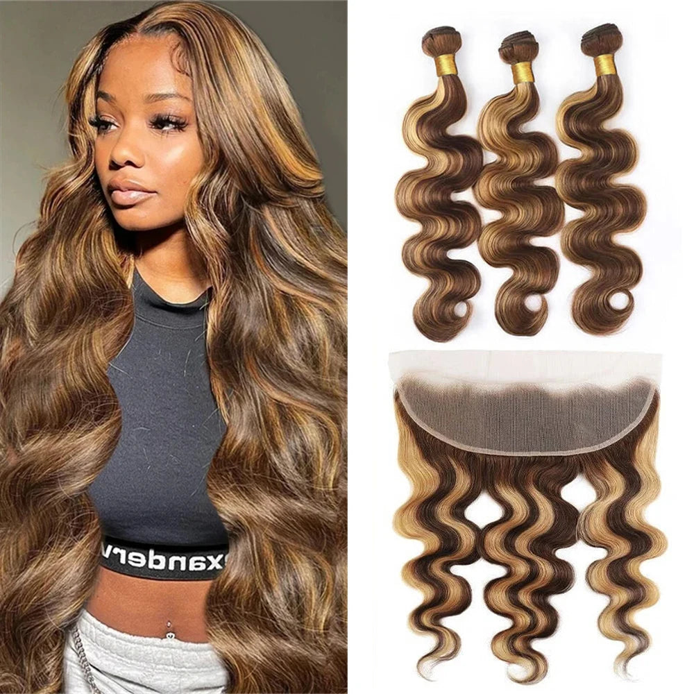 Luxury P4/27 Ombre Brazilian Body Wave Human Hair Bundles With 13x4 Lace Frontal