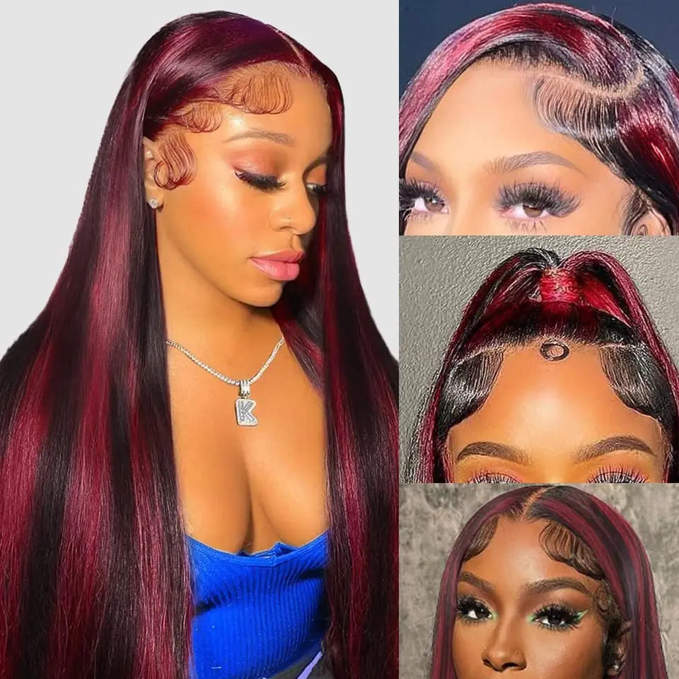 Luxury Burgundy Ombre Highlight 13x4 Straight Brazilian HD Lace Front Wig - Bone Straight Human Hair