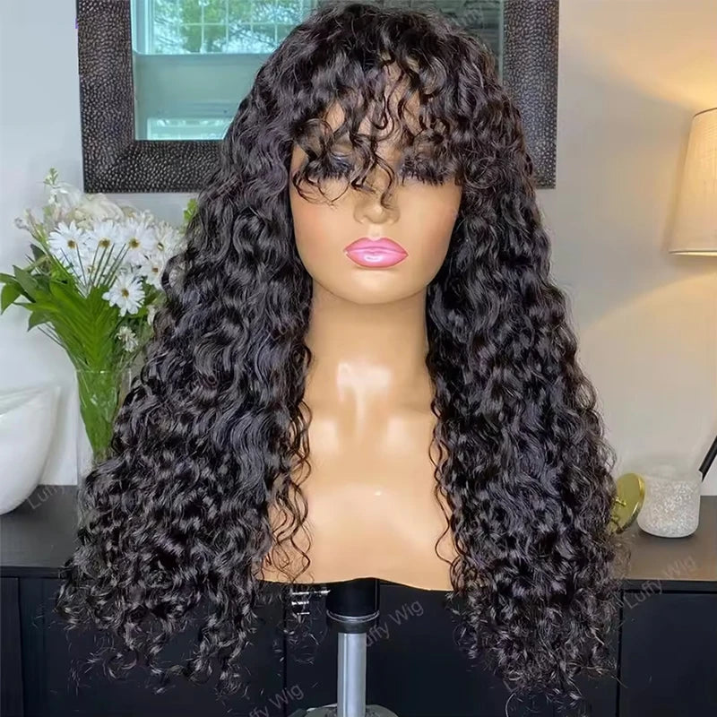 Brazilian Water Wave Human Hair Wigs With Bangs | Natural Black | 230%-250%   250 Density
