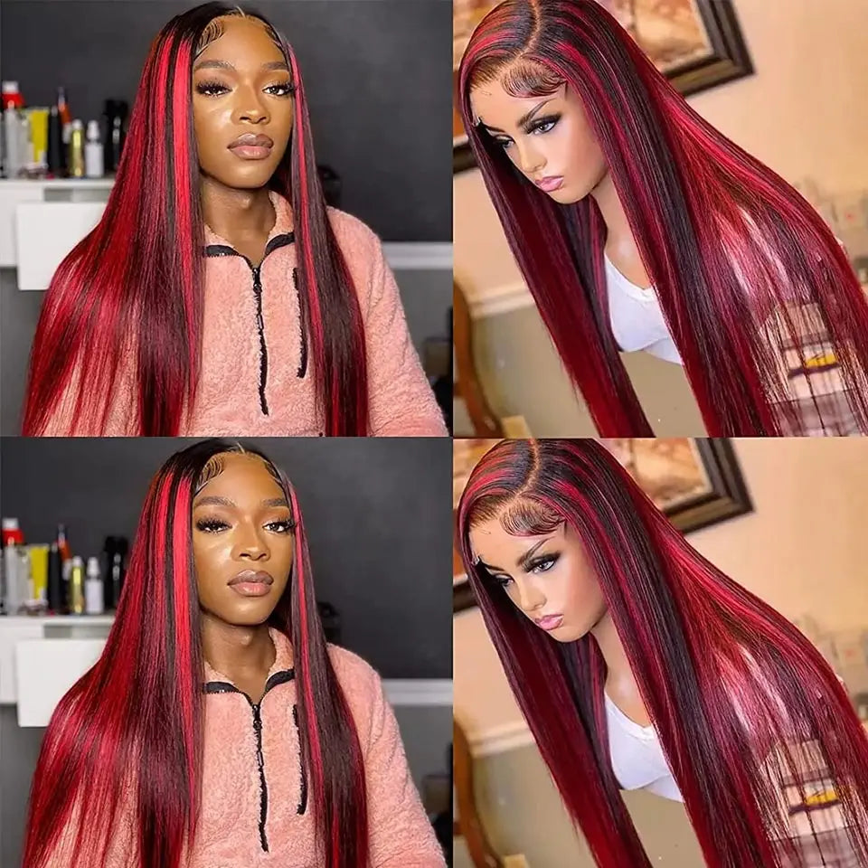 Luxury Burgundy Ombre Highlight 13x4 Straight Brazilian HD Lace Front Wig - Bone Straight Human Hair