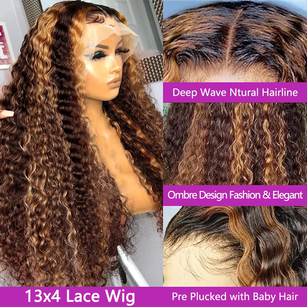 Honey Brown Ombre Brazilian Deep Wave Human Hair Lace Front Wig | 13x6 & 13x4 | 180%-250% Density