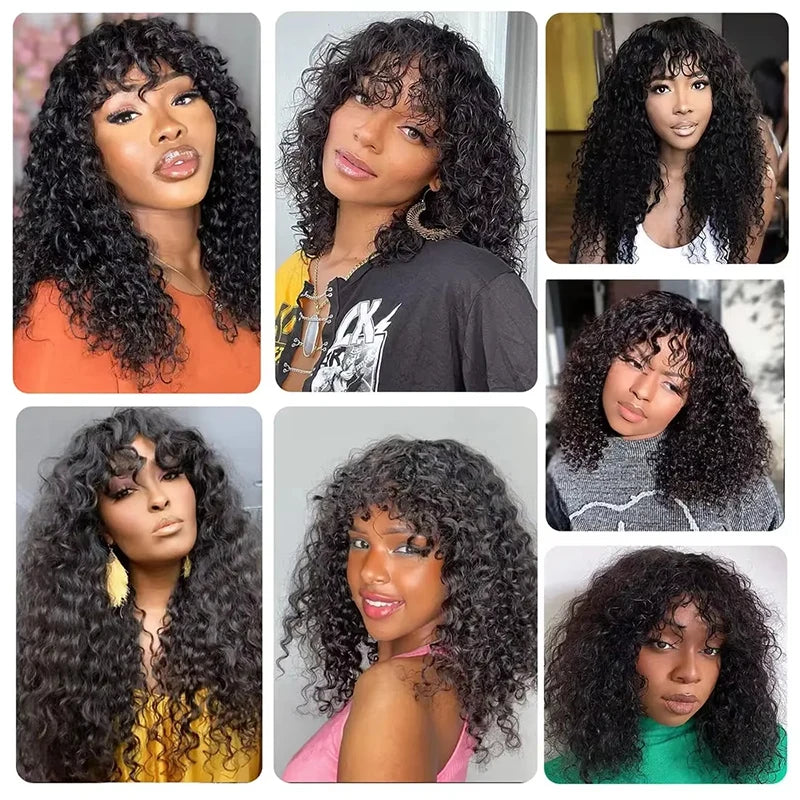 Brazilian Water Wave Human Hair Wigs With Bangs | Natural Black | 230%-250%   250 Density
