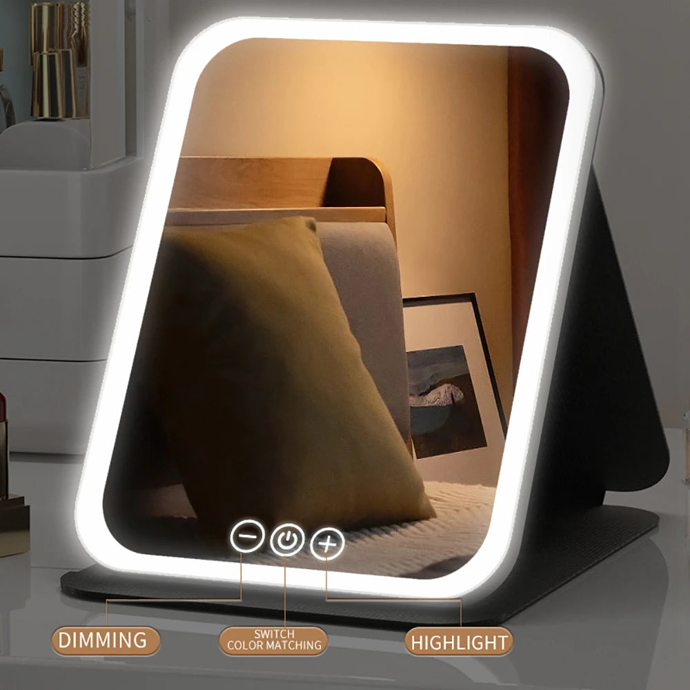 3 Colors Dimmable LED Folding Mirror - Rechargeable Touch Screen Travel Vanity Mirror
