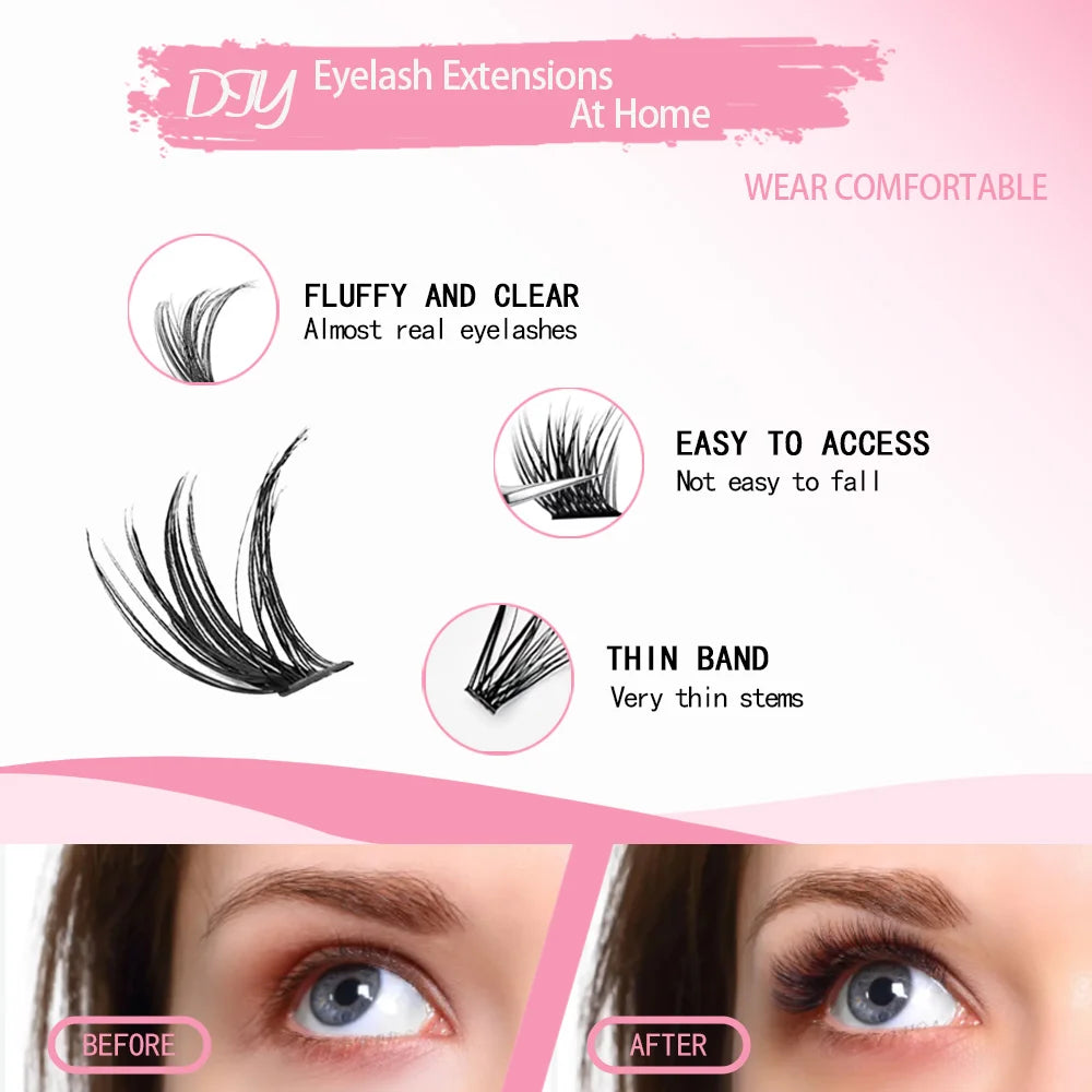 Flawless 3D 190PCS Cluster Lashes Kit with Lash Bond & Seal, Lash Tool with Glue Accessories and Eyelash Curler