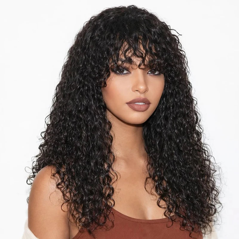 Brazilian Water Wave Human Hair Wigs With Bangs | Natural Black | 230%-250%   250 Density
