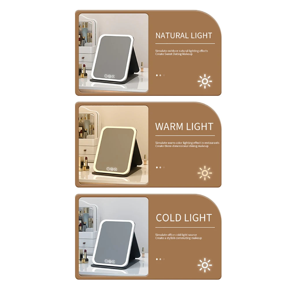 3 Colors Dimmable LED Folding Mirror - Rechargeable Touch Screen Travel Vanity Mirror