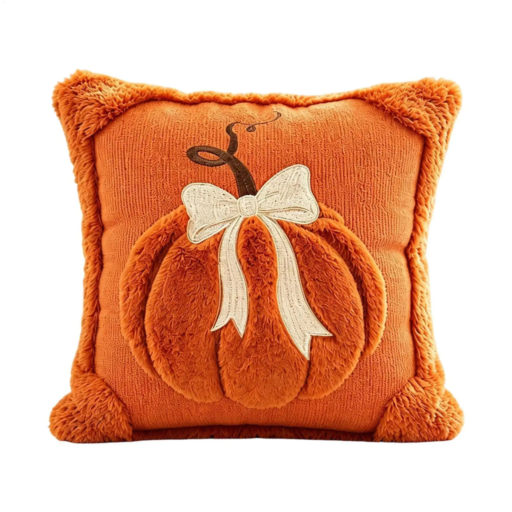 Luxury Harvest Bow & Pumkin Plush Throw Pillow Cover - 18" x 18"