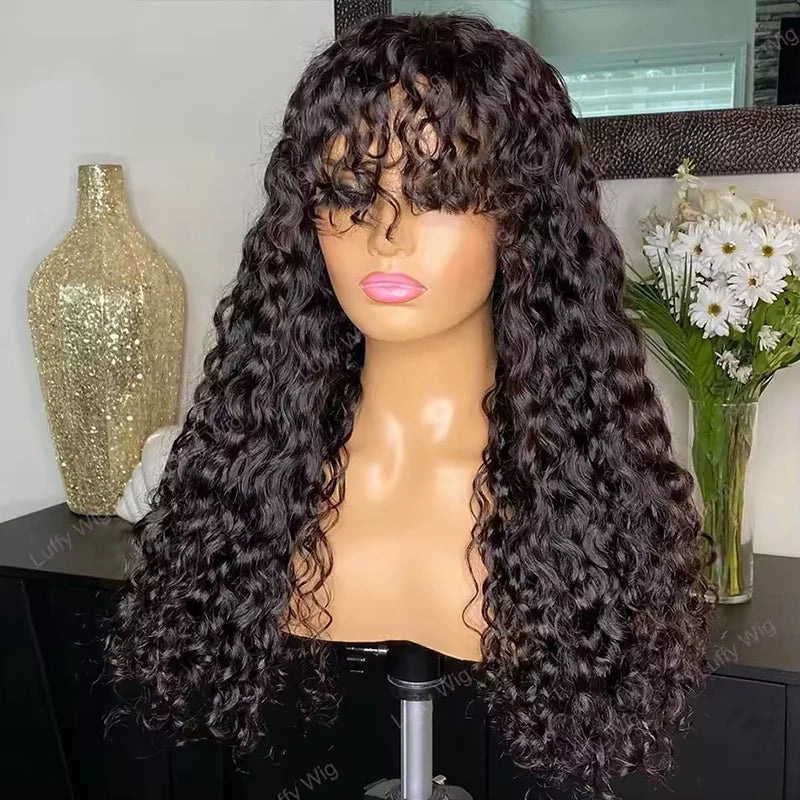 Brazilian Water Wave Human Hair Wigs With Bangs | Natural Black | 230%-250%   250 Density