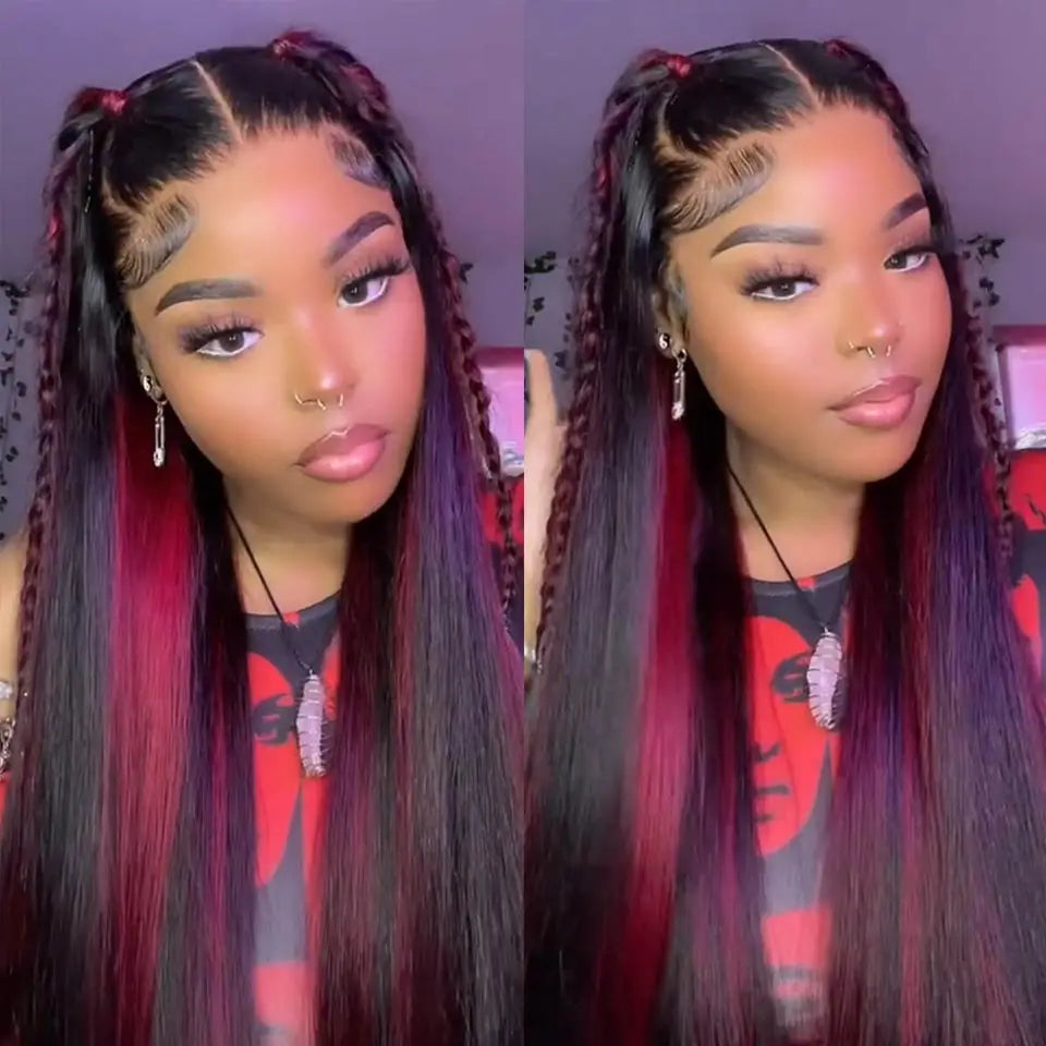 Luxury Burgundy Ombre Highlight 13x4 Straight Brazilian HD Lace Front Wig - Bone Straight Human Hair