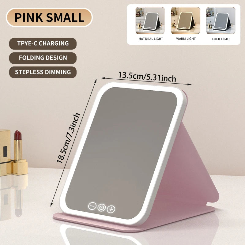 3 Colors Dimmable LED Folding Mirror - Rechargeable Touch Screen Travel Vanity Mirror