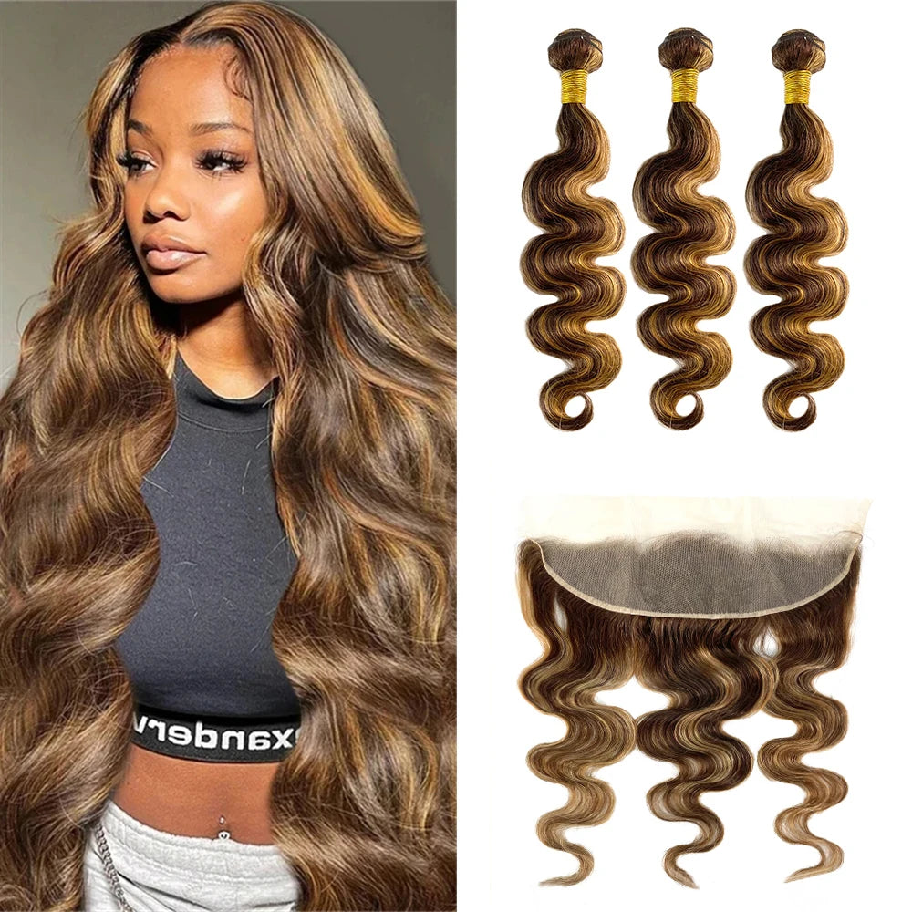 Luxury P4/27 Ombre Brazilian Body Wave Human Hair Bundles With 13x4 Lace Frontal