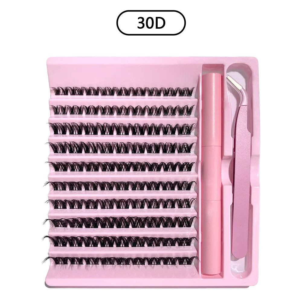 Flawless 3D 190PCS Cluster Lashes Kit with Lash Bond & Seal, Lash Tool with Glue Accessories and Eyelash Curler